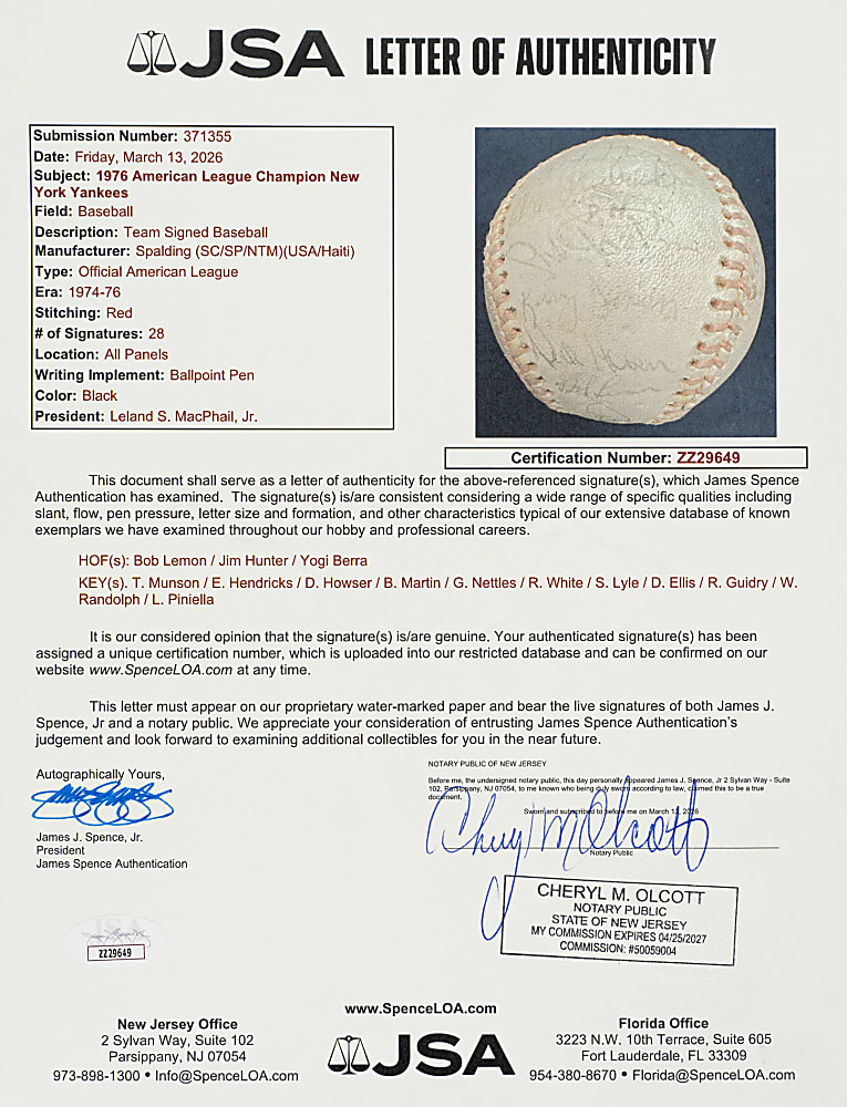 1976 New York Yankees American League Champions Team-Signed Baseball with Thurman Munson - JSA