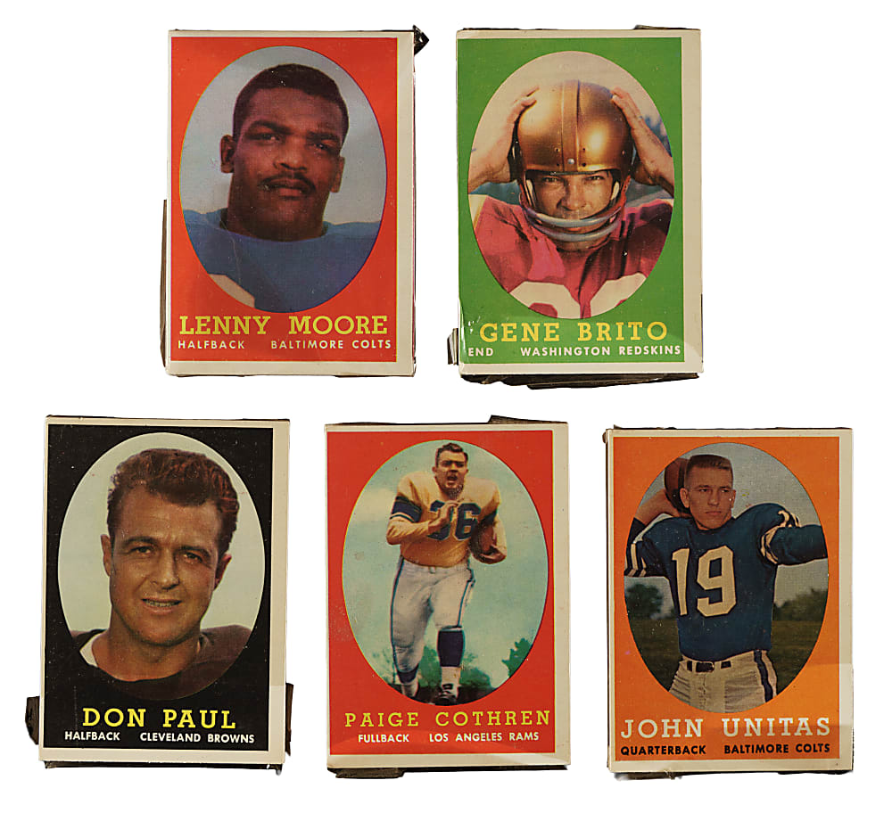 1958 Topps Football Unopened Cello Pack Collection (5) Including Johnny Unitas Showing on Top