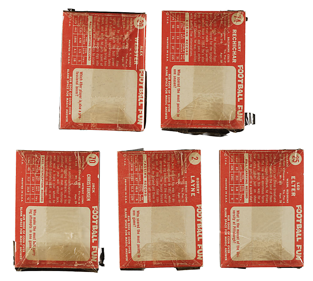 1958 Topps Football Unopened Cello Pack Collection (5) Including Johnny Unitas Showing on Top