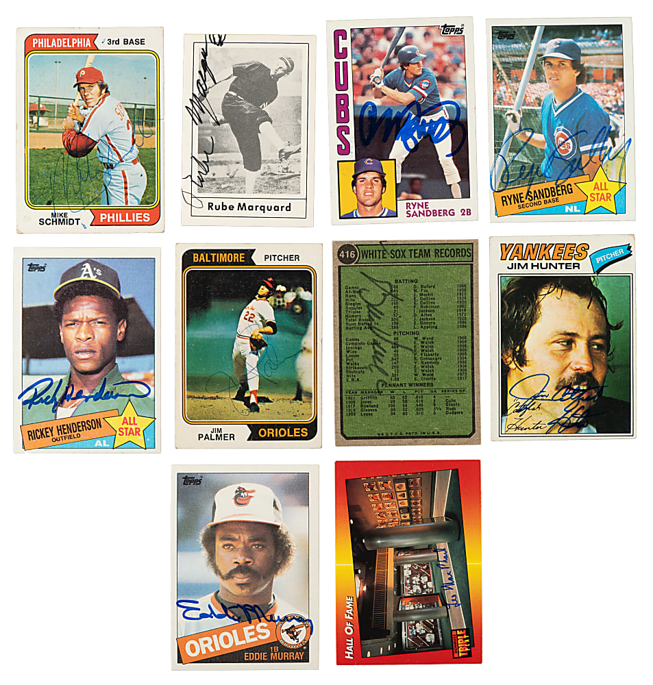 Signed 1970 to 1989 Topps, Fleer, and Donruss Hall of Fame Collection (156) Including Marquard, Greenberg, Sandberg, and Ripken Jr.