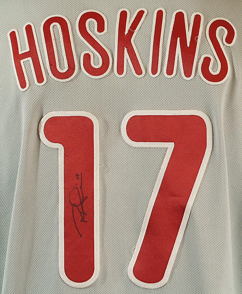 2017 Rhys Hoskins Philadelphia Phillies Signed Game-Used Road Jersey - Home Run Record - MLB