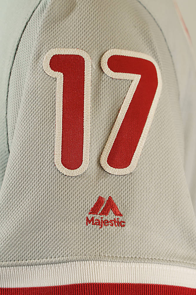 2017 Rhys Hoskins Philadelphia Phillies Signed Game-Used Road Jersey - Home Run Record - MLB