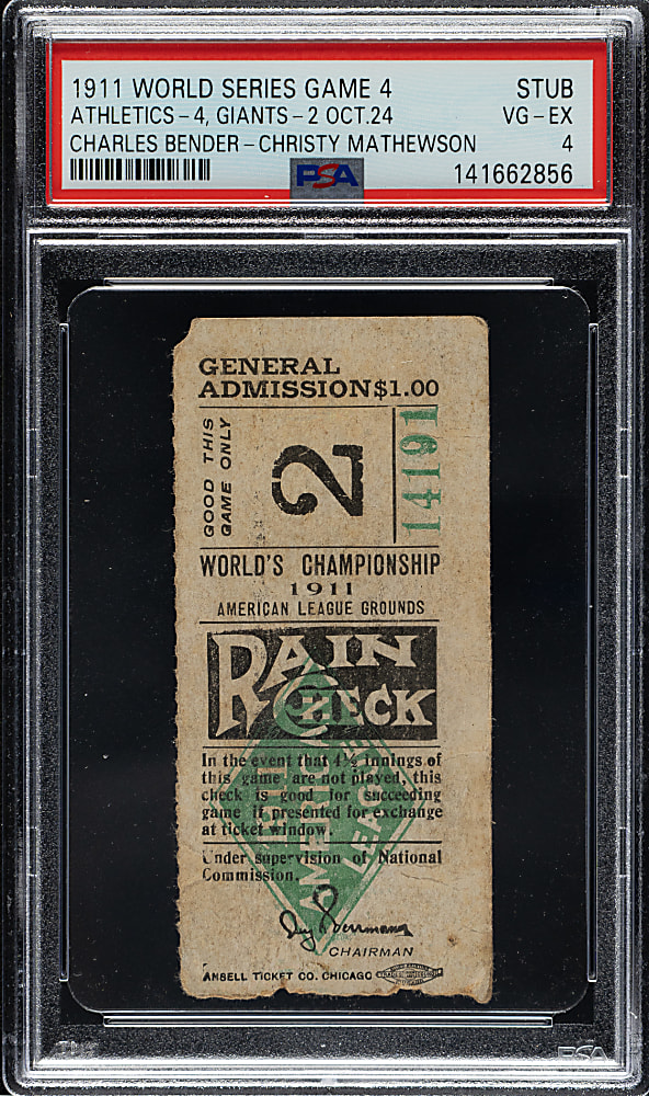 1911 Philadelphia Athletics (vs. New York Giants) World Series Game 4 Ticket Stub PSA VG-EX 4 - Bender Defeats Mathewson