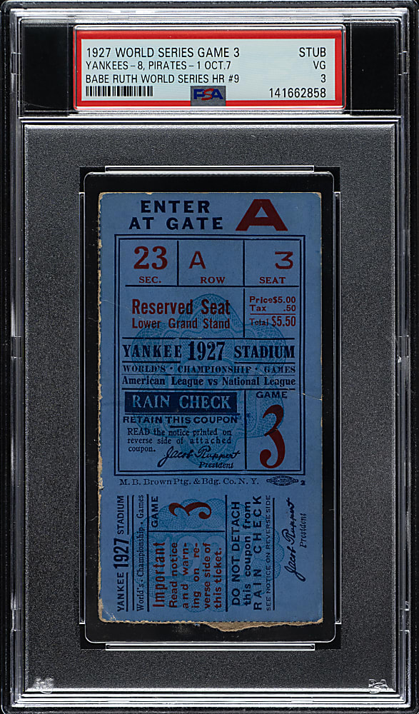 1927 New York Yankees (vs. Pittsburgh Pirates) World Series Game 3 Ticket Stub PSA VG 3 - Babe Ruth Home Run
