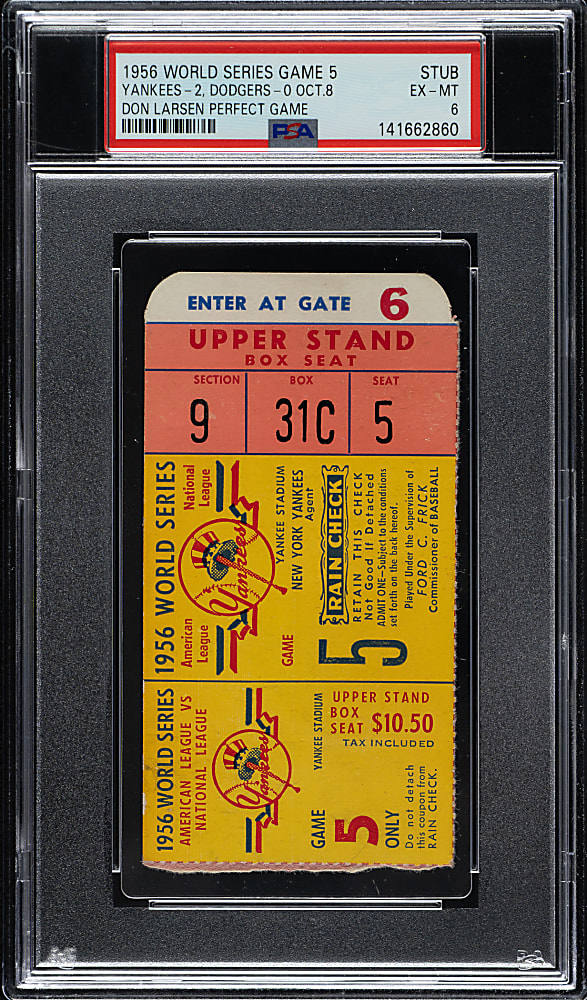 1956 New York Yankees (vs. Brooklyn Dodgers) World Series Game 5 Ticket Stub PSA EX-MT 6 - Don Larsen's Perfect Game and Mickey Mantle Home Run #8