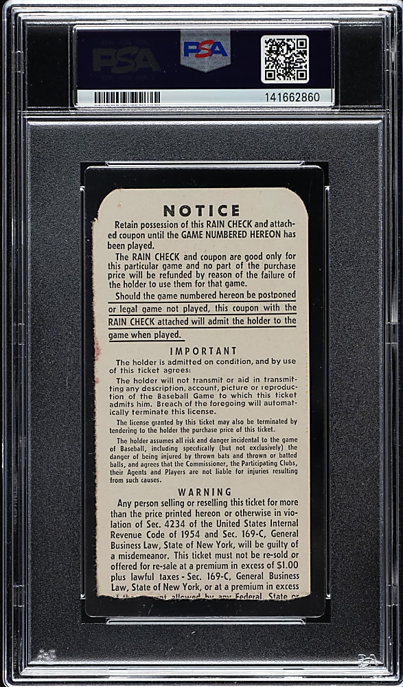 1956 New York Yankees (vs. Brooklyn Dodgers) World Series Game 5 Ticket Stub PSA EX-MT 6 - Don Larsen's Perfect Game and Mickey Mantle Home Run #8