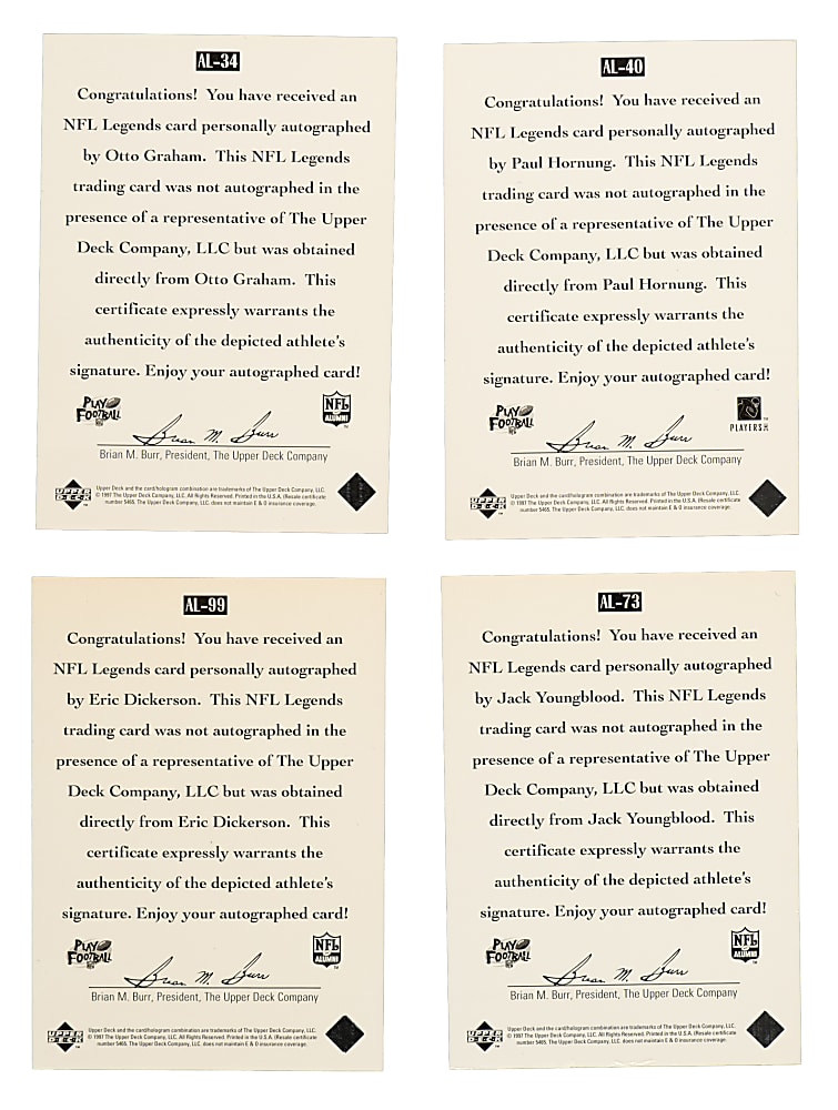 Signed 1997 Upper Deck Legends Autograph Football Collection (27) Including Otto Graham, Paul Hornung, and Eric Dickerson