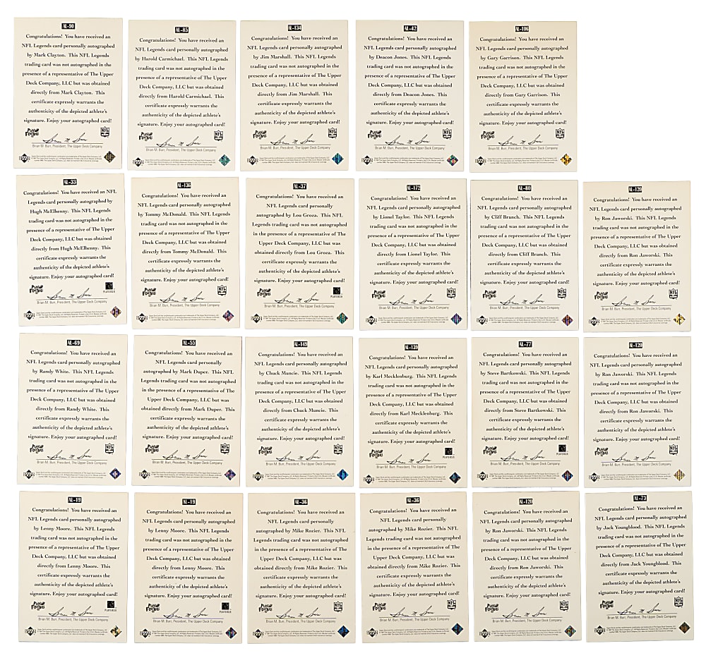 Signed 1997 Upper Deck Legends Autograph Football Collection (27) Including Otto Graham, Paul Hornung, and Eric Dickerson