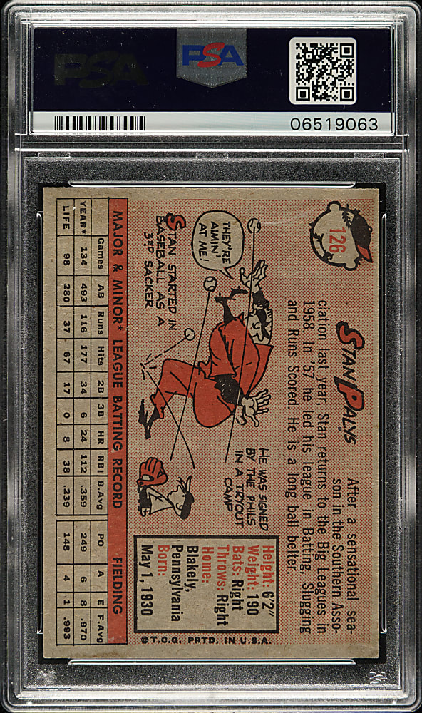 1958 Topps #126 Stan Palys PSA MINT 9 - Highest Graded!