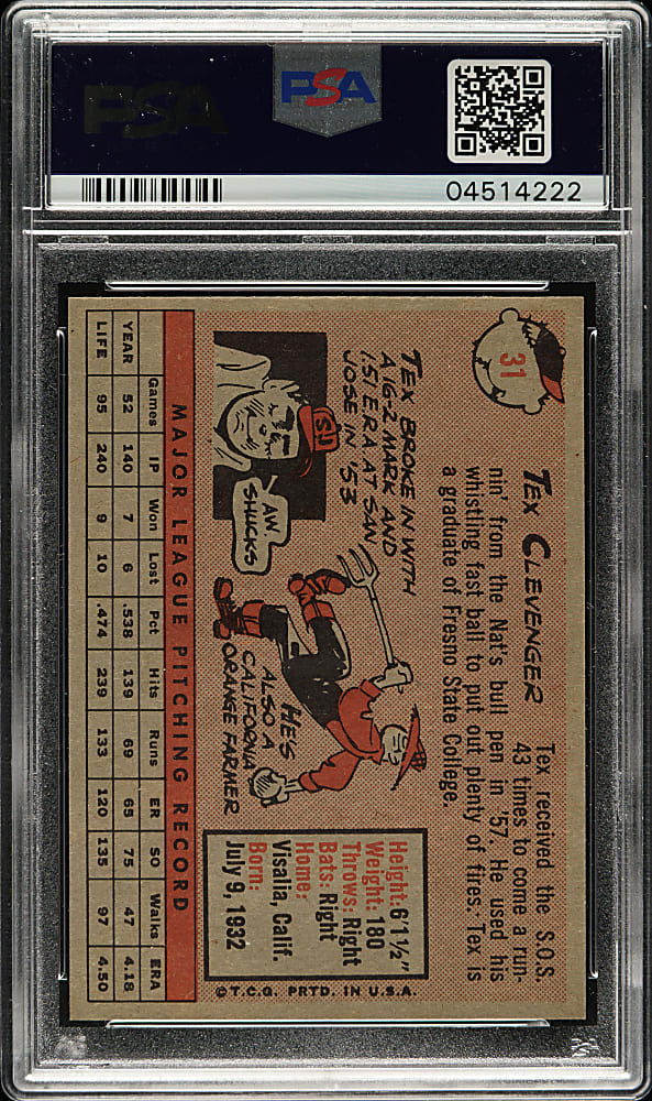 1958 Topps #31 Tex Clevenger PSA MINT 9