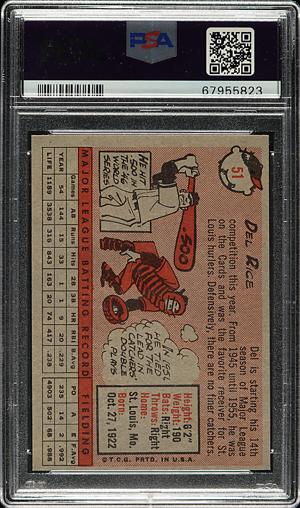 1958 Topps #51 Del Rice PSA MINT 9 - Highest Graded!