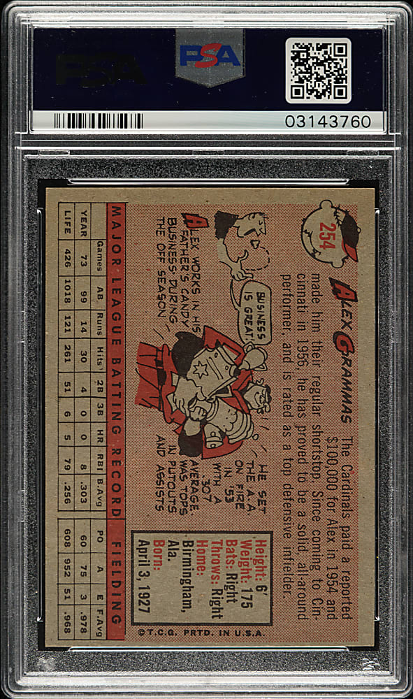 1958 Topps #254 Alex Grammas PSA MINT 9 - Highest Graded!