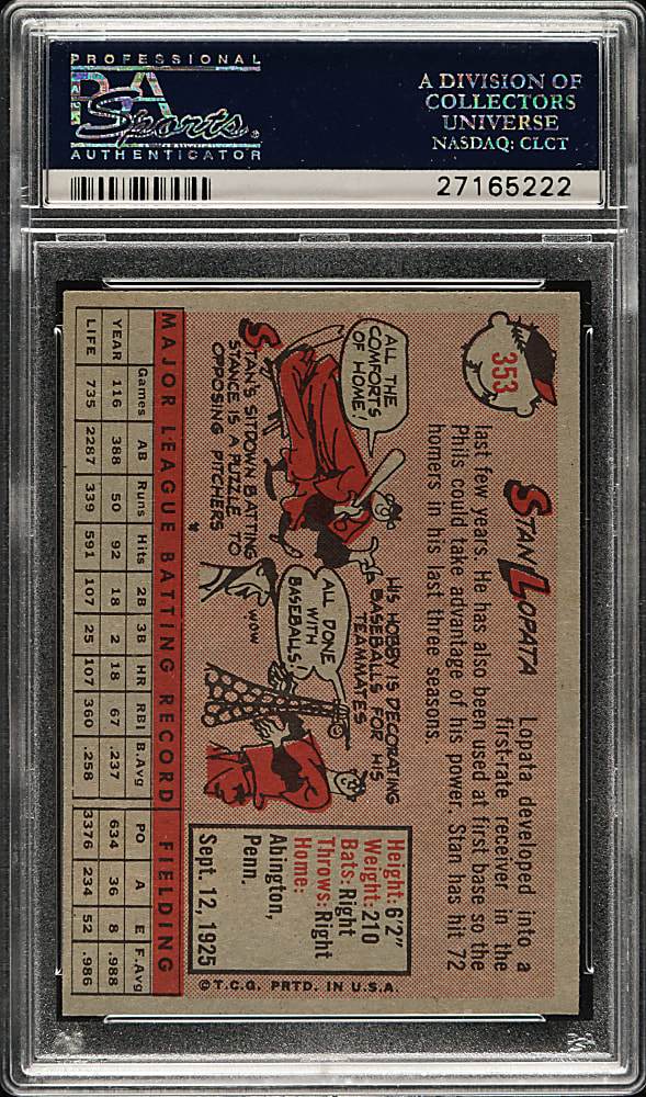 1958 Topps #353 Stan Lopata PSA MINT 9 - Highest Graded!