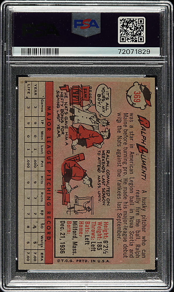 1958 Topps #369 Ralph Lumenti PSA MINT 9 - Highest Graded!