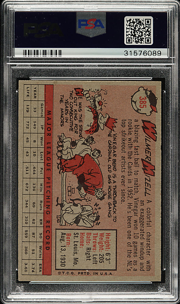 1958 Topps #385 Wilmer Mizell PSA MINT 9 - Highest Graded!