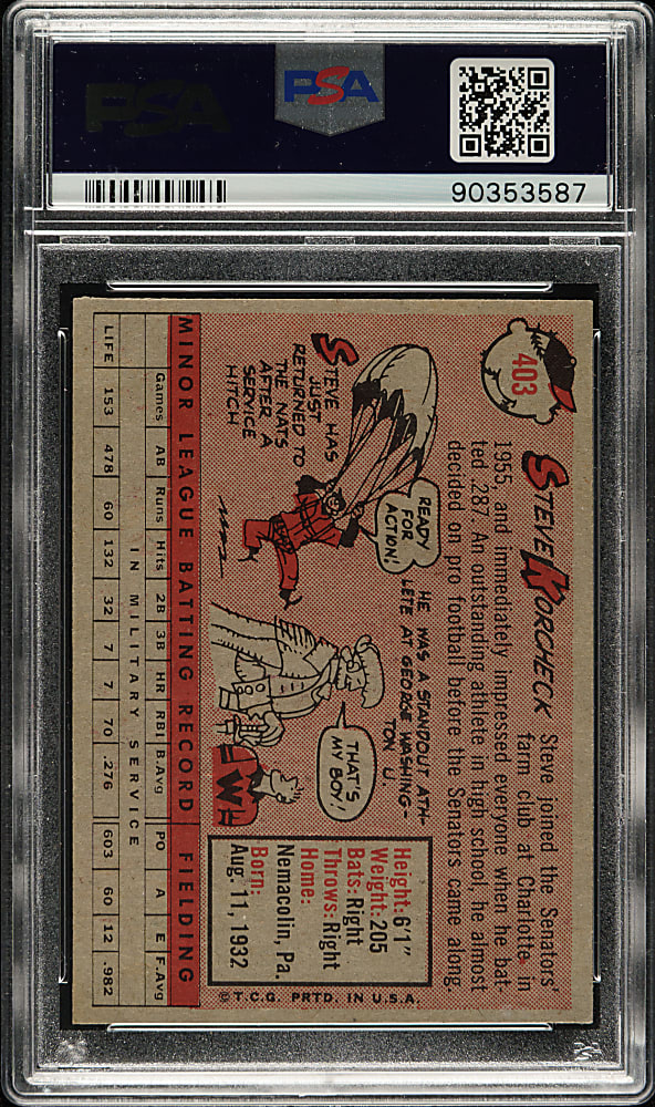 1958 Topps #403 Steve Korcheck PSA MINT 9 - Highest Graded!