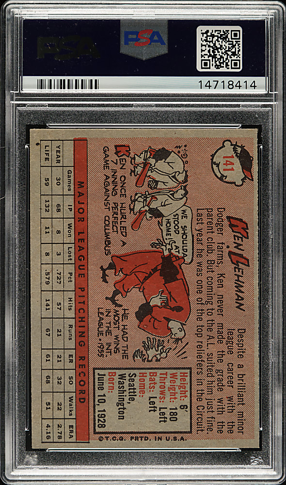 1958 Topps #141 Ken Lehman PSA MINT 9 - Highest Graded!