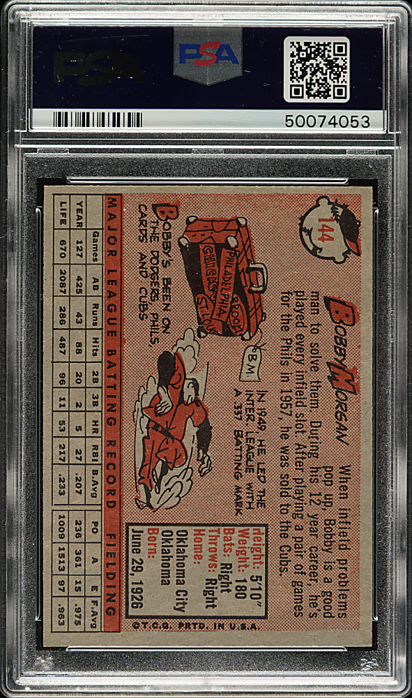 1958 Topps #144 Bobby Morgan PSA MINT 9 - Highest Graded!