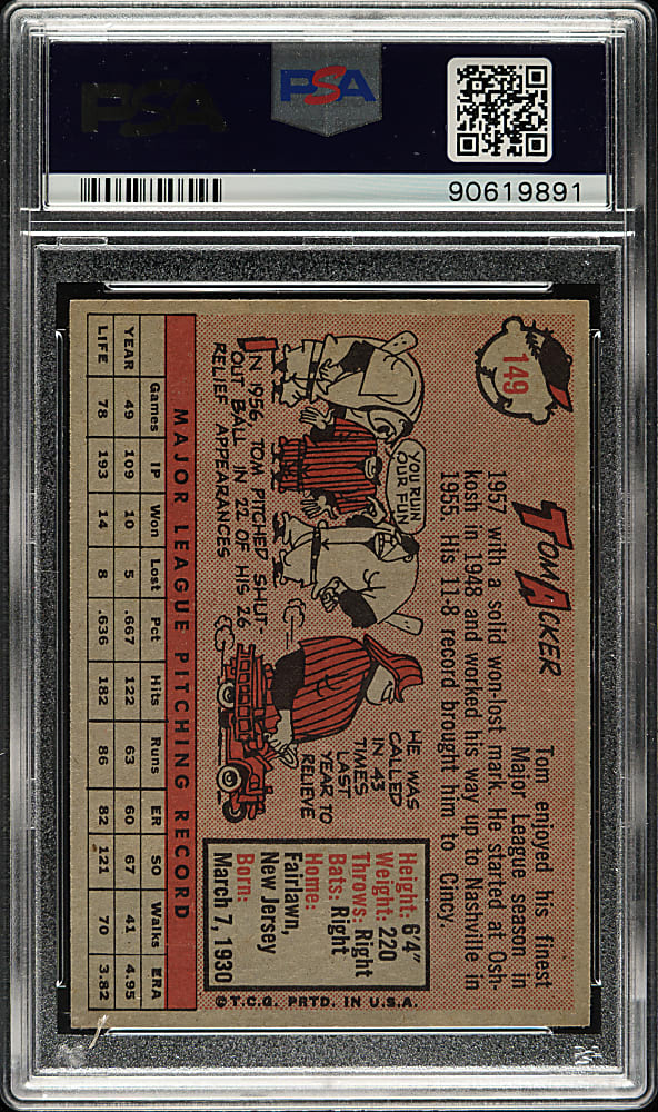 1958 Topps #149 Tom Acker PSA MINT 9 - Highest Graded!