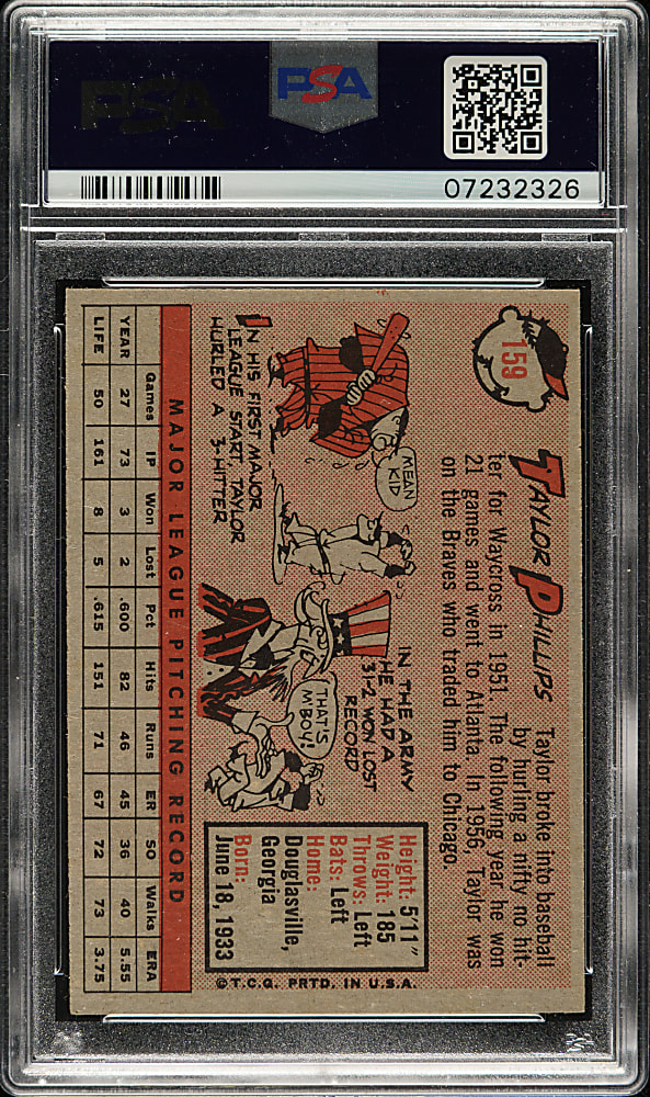 1958 Topps #159 Taylor Phillips PSA MINT 9 - Highest Graded!