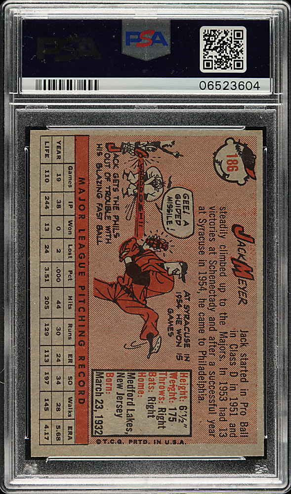 1958 Topps #186 Jack Meyer PSA MINT 9 - Highest Graded!