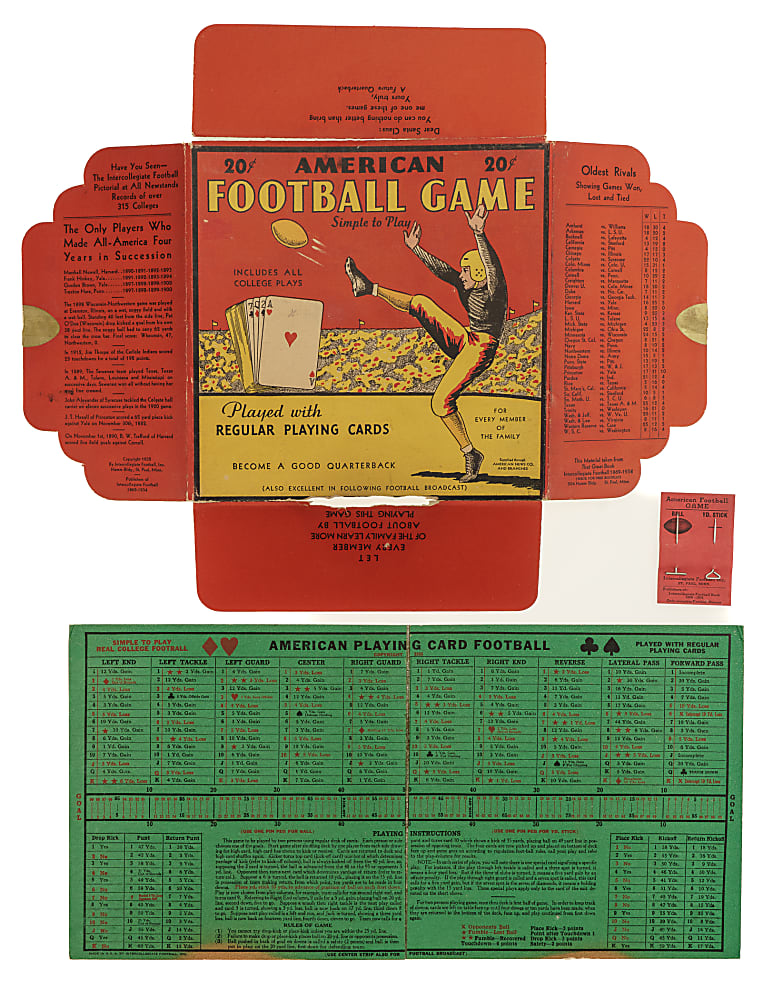 Circa 1920s and 1930s Hustler Toy Co. Intercollegiate Football Game Tin and American Football Card Game Pair