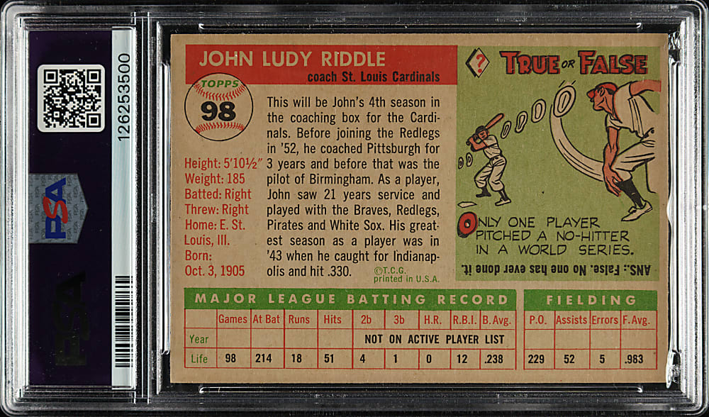 1955 Topps #98 Johnny Riddle PSA MINT 9
