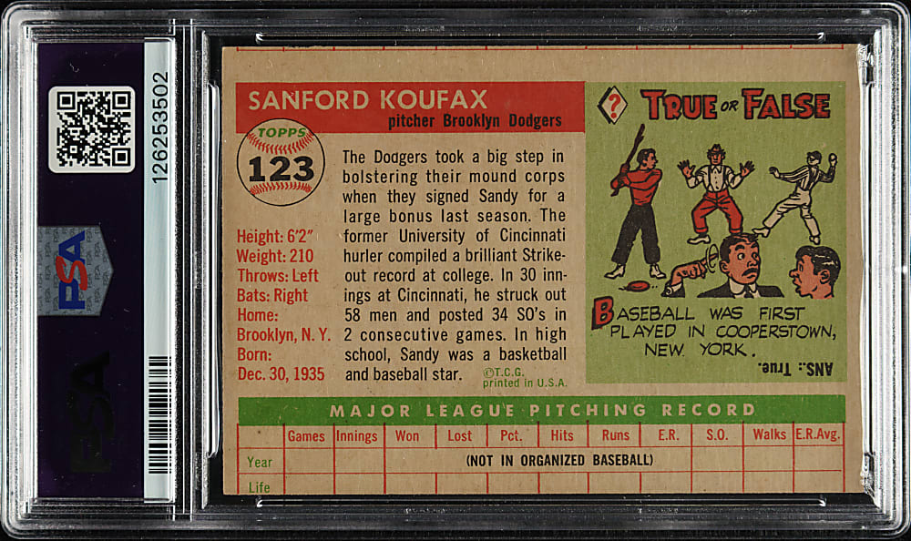 1955 Topps #123 Sandy Koufax Rookie PSA EX-MT 6 (MC)