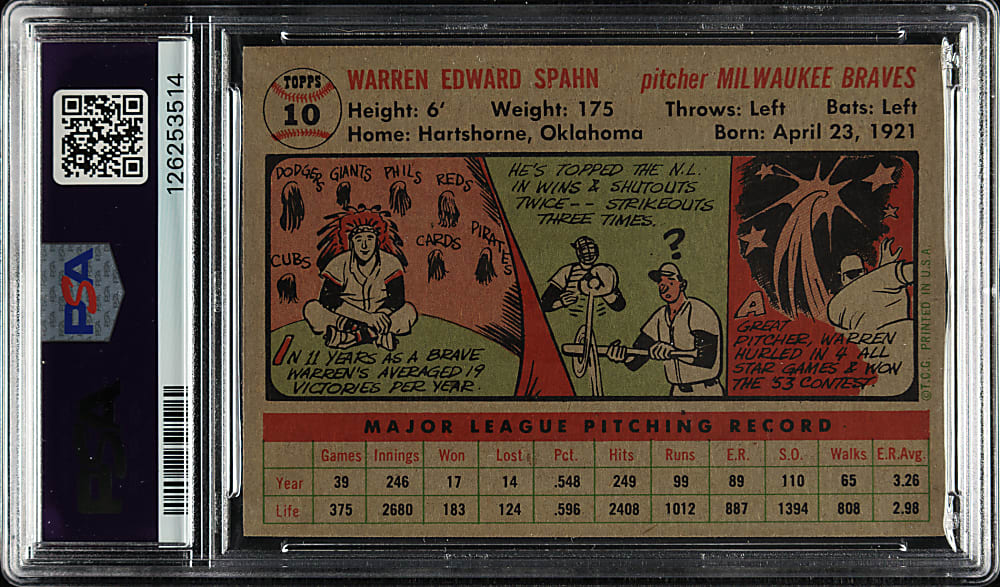 1956 Topps #10 Warren Spahn Gray Back PSA NM-MT 8