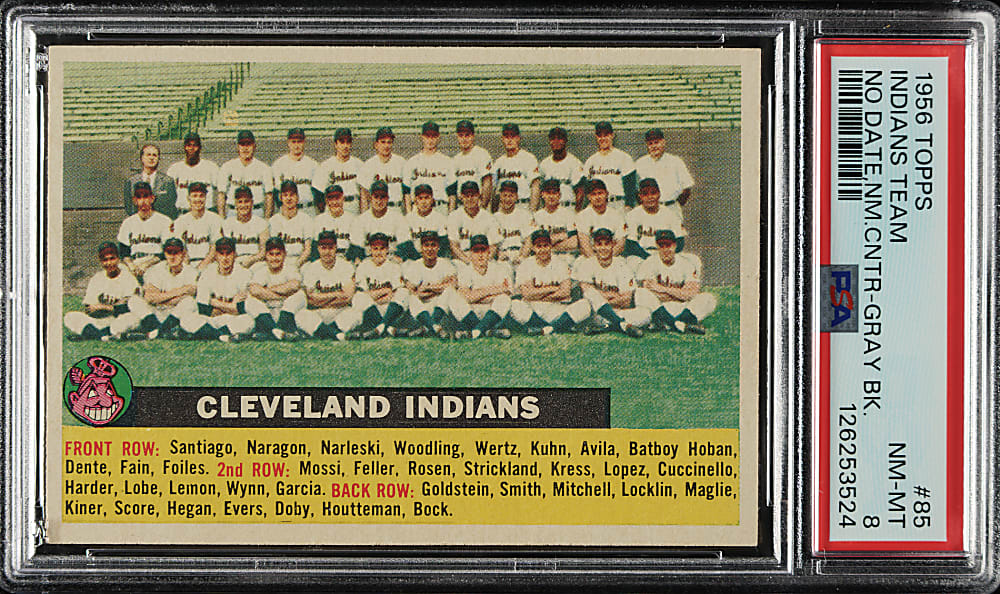 1956 Topps #85 Cleveland Indians Team No Date, Name Centered Gray Back PSA NM-MT 8