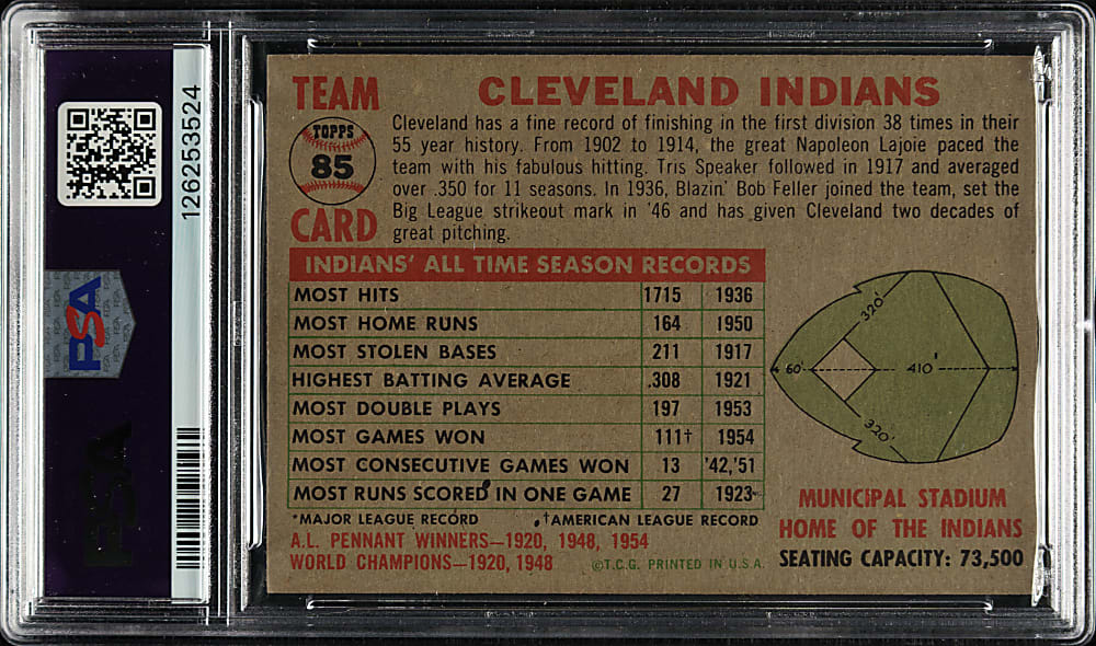 1956 Topps #85 Cleveland Indians Team No Date, Name Centered Gray Back PSA NM-MT 8
