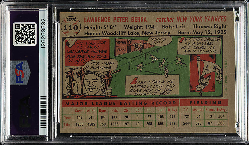 1956 Topps #110 Yogi Berra Gray Back PSA NM 7
