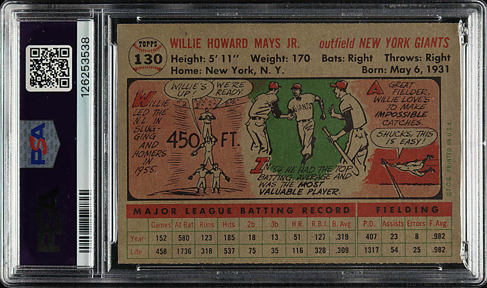 1956 Topps #130 Willie Mays Gray Back PSA EX-MT 6