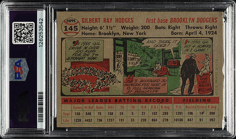 1956 Topps #145 Gil Hodges Gray Back PSA MINT 9