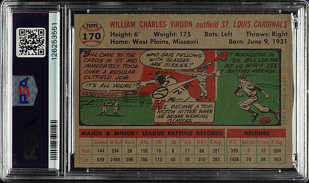 1956 Topps #170 Bill Virdon Gray Back PSA MINT 9