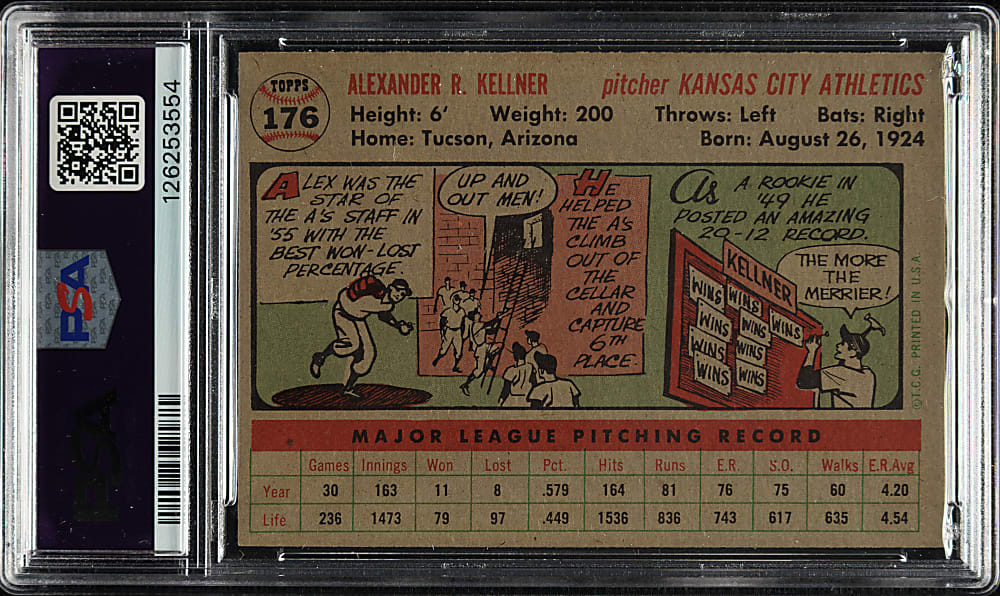 1956 Topps #176 Alex Kellner Gray Back PSA MINT 9