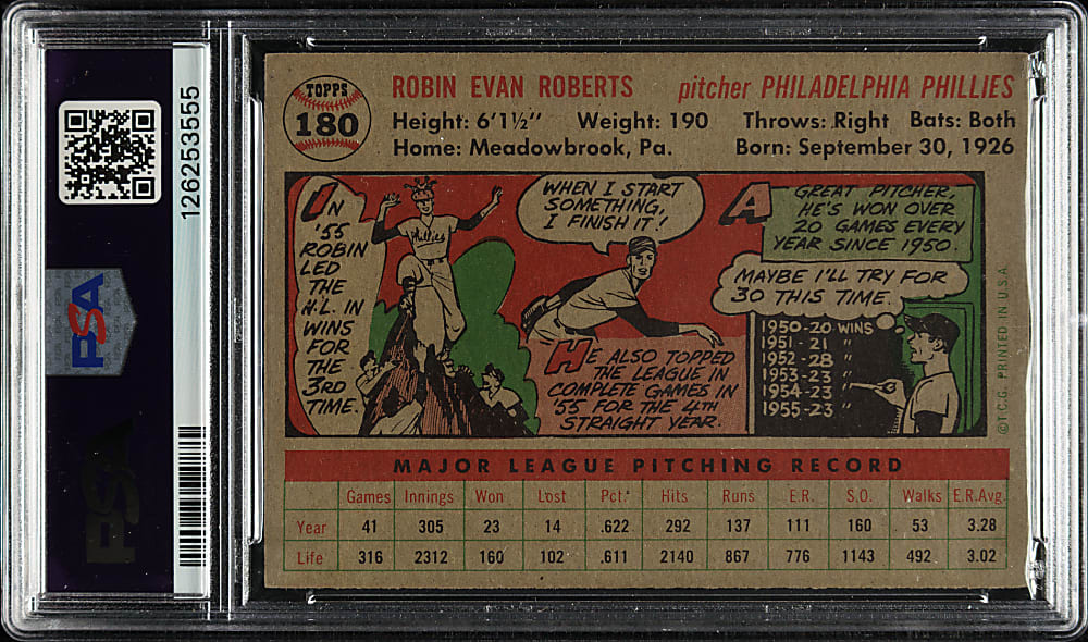 1956 Topps #180 Robin Roberts Gray Back PSA NM-MT 8