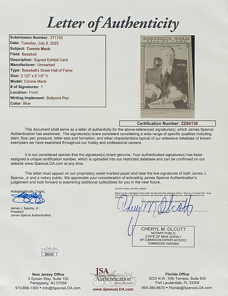 Signed 1948 W464 Baseball's Great Hall of Fame Exhibits Connie Mack PSA/DNA MINT 9 and JSA