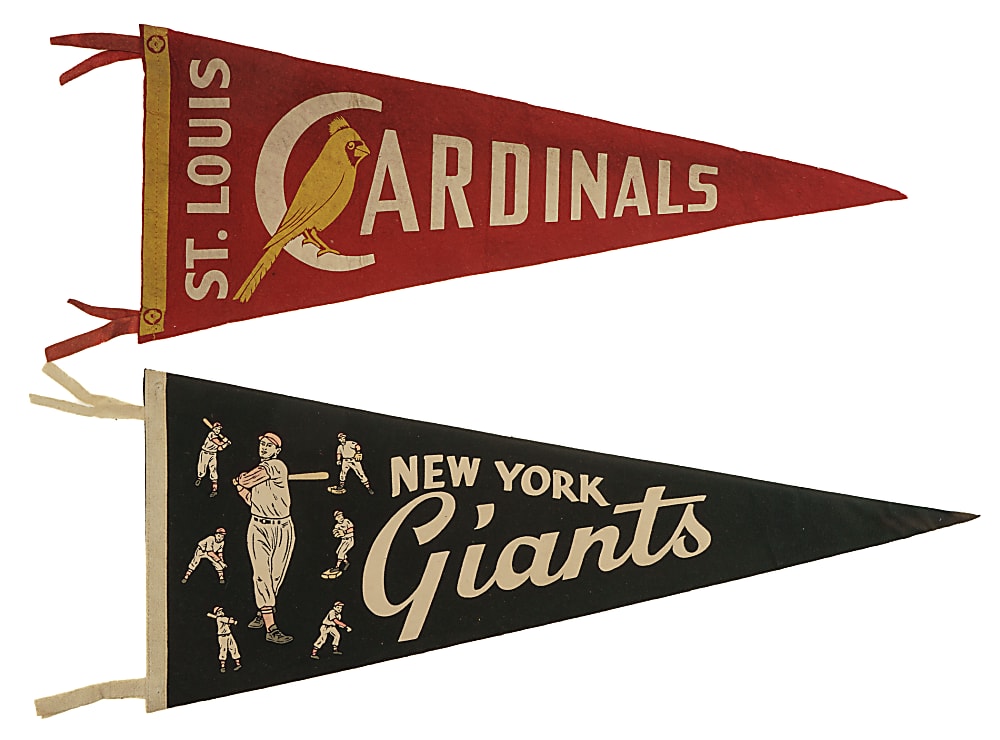 1940s to 1960s Baseball Pennant Collection (13) Including St. Louis Cardinals, New York Giants, and Kansas City Athletics