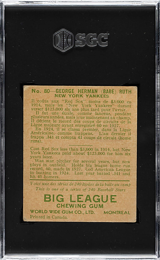1933 V353 World Wide Gum Canadian Goudey #80 Babe Ruth SGC GOOD+ 2.5