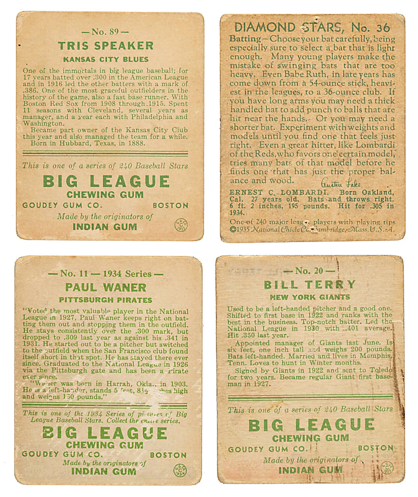 1933 to 1936 Goudey and Diamond Stars Collection (66) Including Speaker, Waner, and Lombardi Error Card