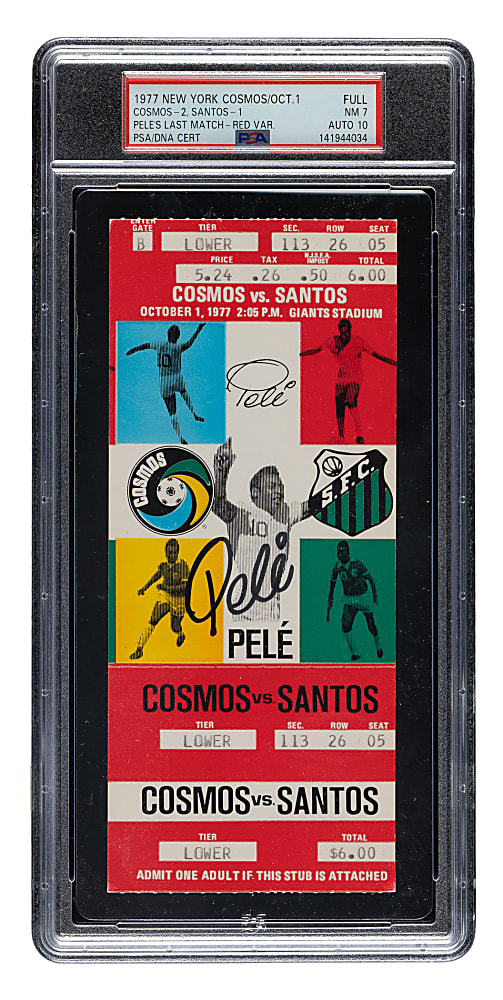 Signed 1977 New York Cosmos vs. Santos FC Full Ticket PSA NM 7 with GEM MINT 10 Signature - Pele's Final Game - Highest Graded Signed Example!