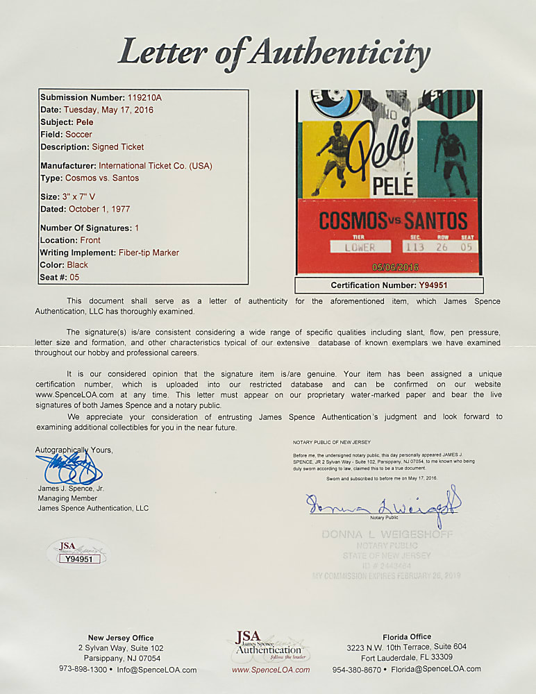 Signed 1977 New York Cosmos vs. Santos FC Full Ticket PSA NM 7 with GEM MINT 10 Signature - Pele's Final Game - Highest Graded Signed Example!
