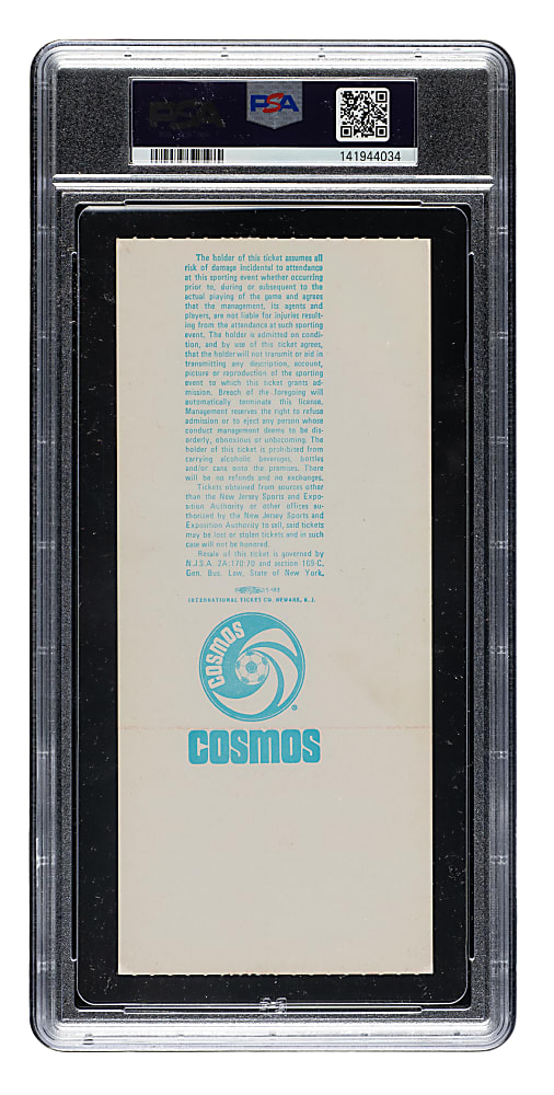Signed 1977 New York Cosmos vs. Santos FC Full Ticket PSA NM 7 with GEM MINT 10 Signature - Pele's Final Game - Highest Graded Signed Example!