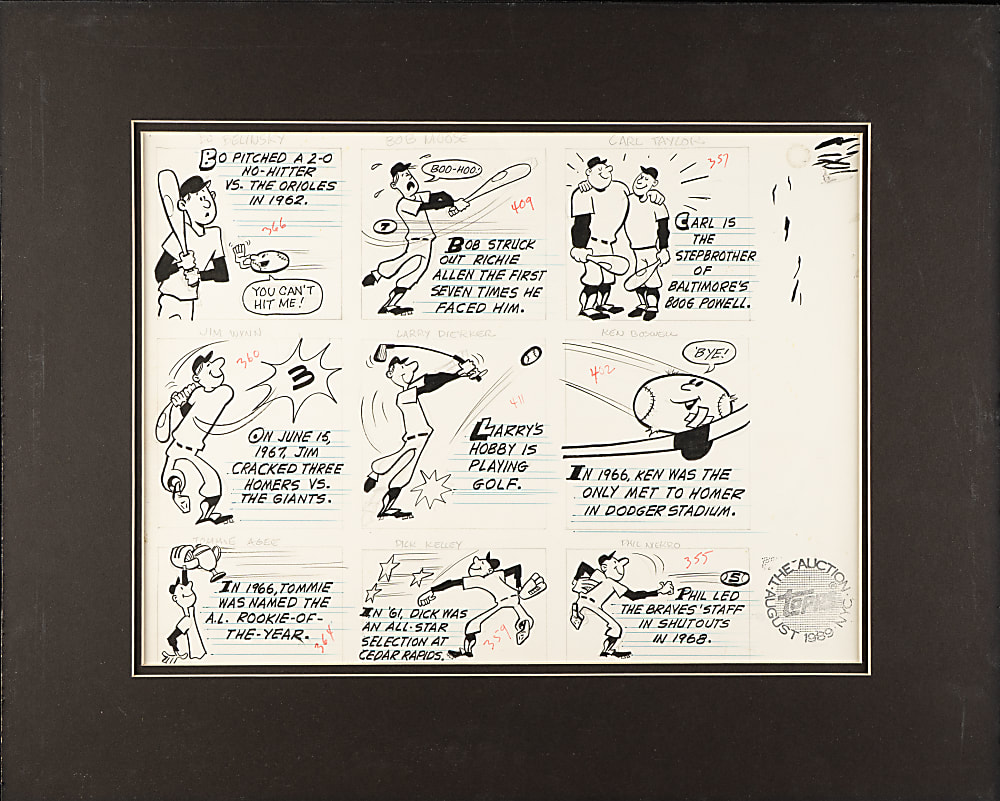 1960s and 1970s Topps Back-of-Card Cartoon Artwork Trio from the 1989 Topps/Guernsey's Auction: Baseball, Football, and Hockey