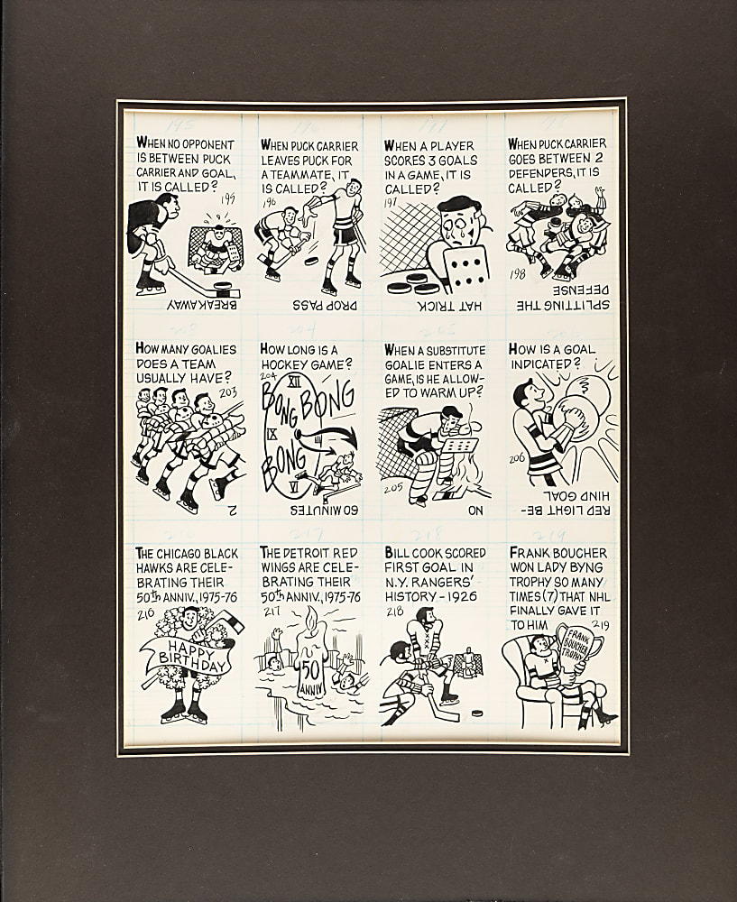 1960s and 1970s Topps Back-of-Card Cartoon Artwork Trio from the 1989 Topps/Guernsey's Auction: Baseball, Football, and Hockey