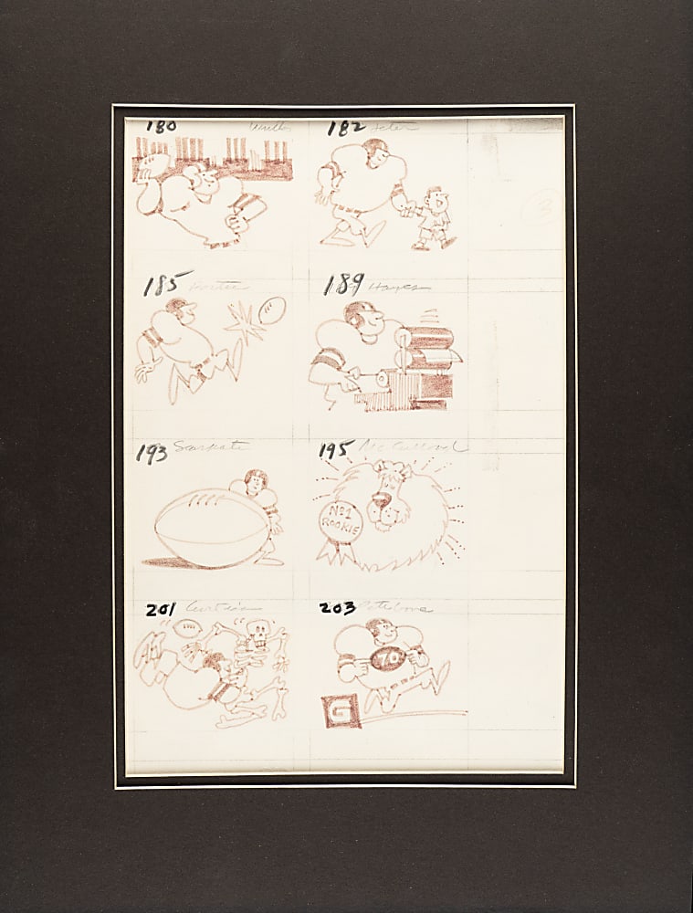 1960s and 1970s Topps Back-of-Card Cartoon Artwork Trio from the 1989 Topps/Guernsey's Auction: Baseball, Football, and Hockey