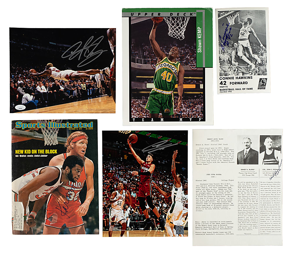 Basketball Signed Photograph, Postcard, and Magazine Page Collection (56) Including Abdul-Jabbar, Havlicek, and Rodman