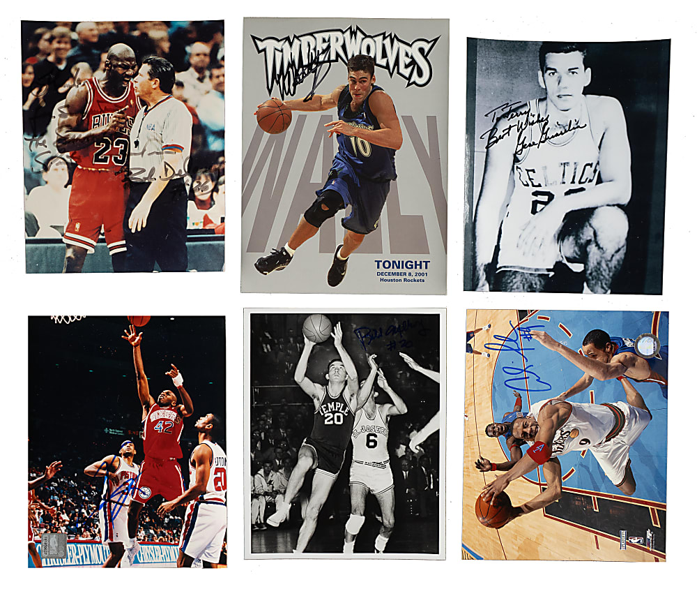Basketball Signed Photograph, Postcard, and Magazine Page Collection (56) Including Abdul-Jabbar, Havlicek, and Rodman