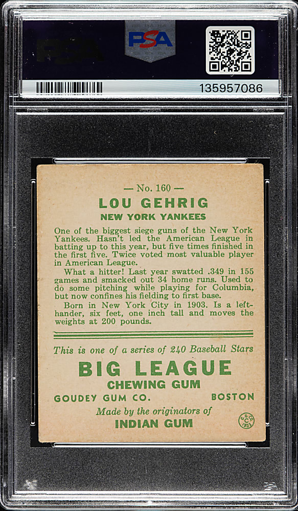 1933 R319 Goudey #160 Lou Gehrig PSA VG 3
